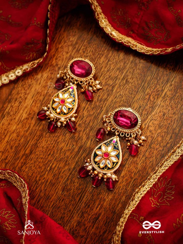 SINDURINI - VERMILION GRACE - STATEMENT KUNDAN POLKI EARRINGS WITH RED GEMSTONES AND ENAMEL ACCENTS
