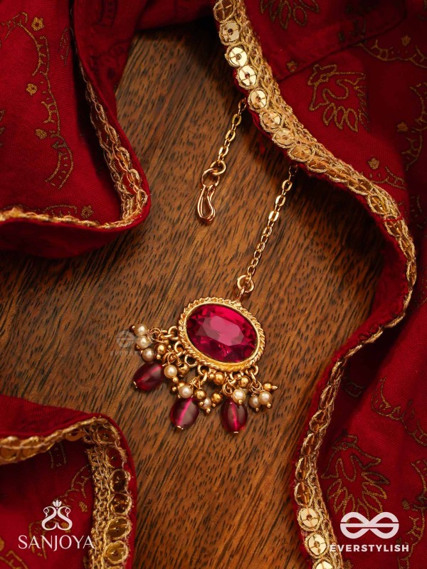 SINDURINI - VERMILION GRACE - STATEMENT KUNDAN POLKI MAANGTIKA WITH RED GEMSTONES AND ENAMEL ACCENTS