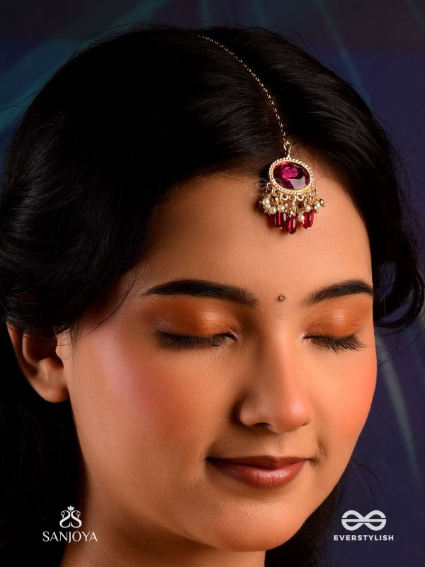 SINDURINI - VERMILION GRACE - STATEMENT KUNDAN POLKI MAANGTIKA WITH RED GEMSTONES AND ENAMEL ACCENTS