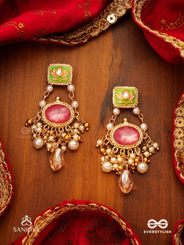 MRINALIKA - LOTUS PETAL - GRACEFUL ENAMELLED HANDCRAFTED KUNDAN EARRINGS WITH SOFT PASTEL GEMSTONES