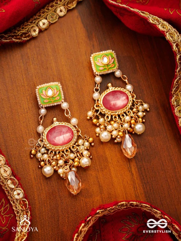 MRINALIKA - LOTUS PETAL - GRACEFUL ENAMELLED HANDCRAFTED KUNDAN EARRINGS WITH SOFT PASTEL GEMSTONES
