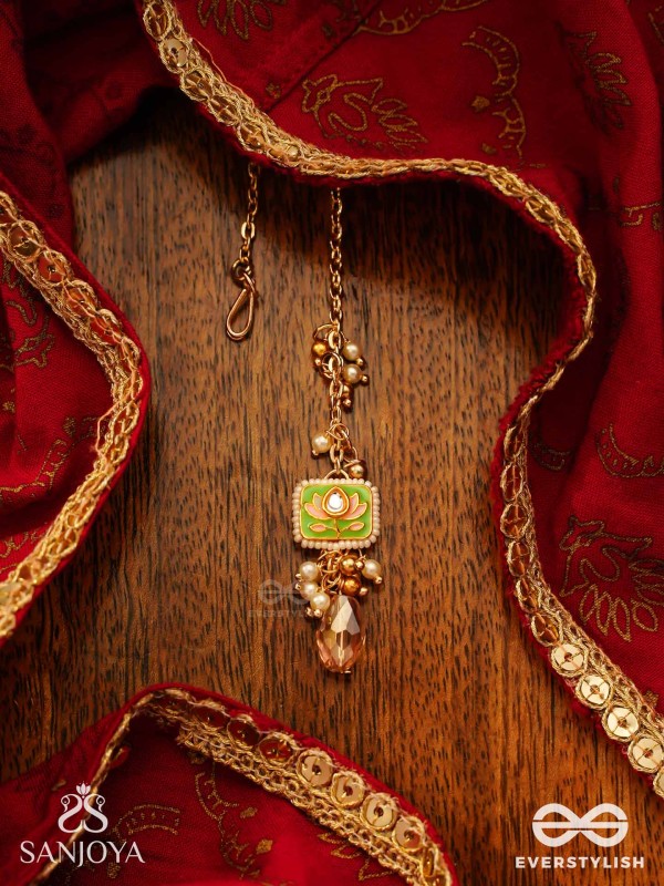 MRINALIKA - LOTUS PETAL - GRACEFUL ENAMELLED HANDCRAFTED KUNDAN MAANGTIKA WITH SOFT PASTEL GEMSTONES