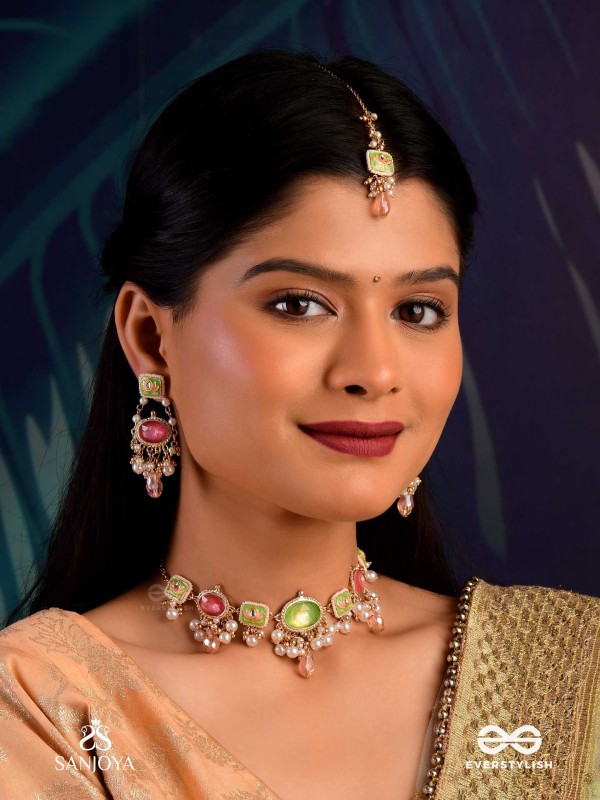 MRINALIKA - LOTUS PETAL - GRACEFUL ENAMELLED HANDCRAFTED KUNDAN MAANGTIKA WITH SOFT PASTEL GEMSTONES