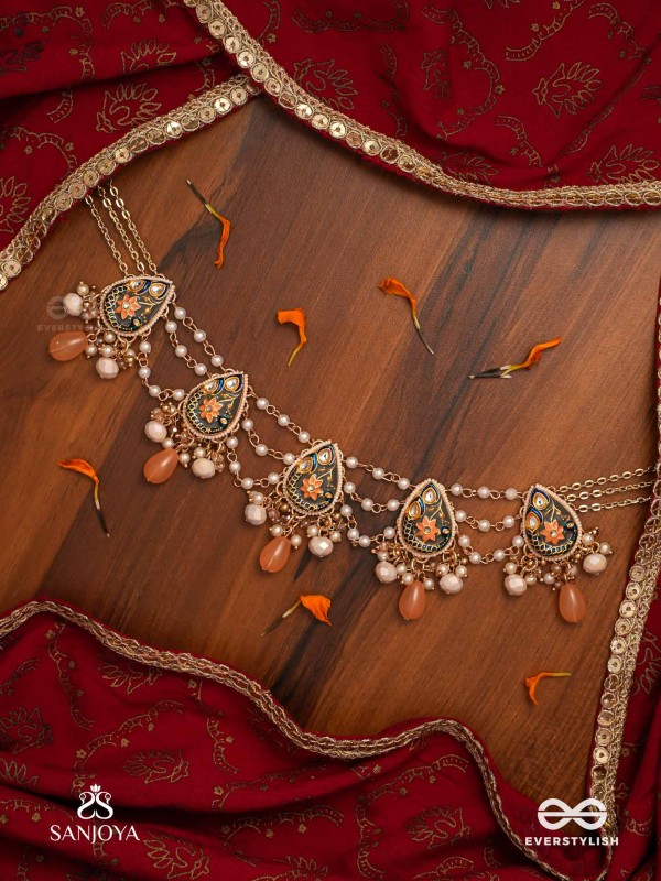 SANDHYAPRIYA - LOVER OF DUSK - EXQUISITE GOLDEN ENAMELLED KUNDAN NECKLACE WITH LUSTROUS ORANGE GEM DROPS