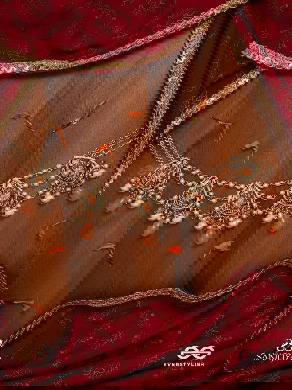 SANDHYAPRIYA - LOVER OF DUSK - EXQUISITE GOLDEN ENAMELLED KUNDAN NECKLACE WITH LUSTROUS ORANGE GEM DROPS