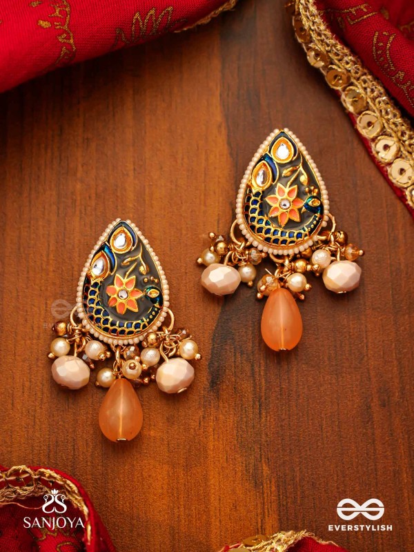 SANDHYAPRIYA - LOVER OF DUSK - EXQUISITE GOLDEN ENAMELLED KUNDAN EARRINGS WITH LUSTROUS ORANGE GEM DROPS