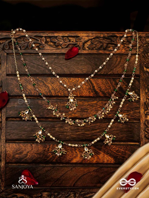 VARSHALEKHA - RAINFALL STROKES - ROYAL HERITAGE MULTI-STRAND KUNDAN NECKLACE WITH PEARL STRINGS AND POLKI DROPS