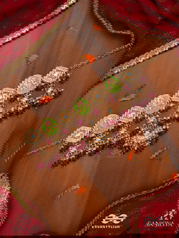 PUSHPALEKHA - STROKES OF FLOWERS - INTRICATE FLORAL ENAMELLED KUNDAN NECKLACE WITH RUBY BEADS