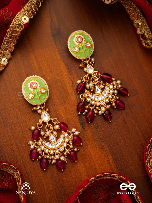 PUSHPALEKHA - STROKES OF FLOWERS - INTRICATE FLORAL ENAMELLED KUNDAN EARRINGS WITH RUBY BEADS