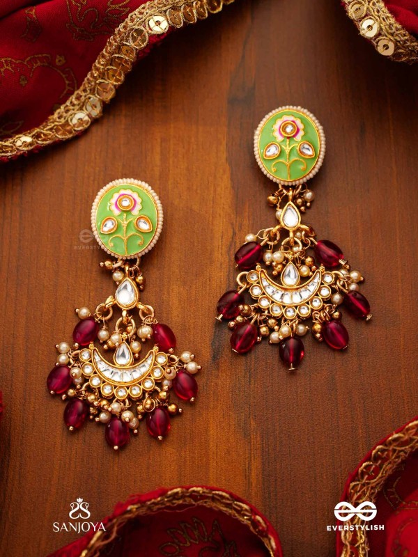 PUSHPALEKHA - STROKES OF FLOWERS - INTRICATE FLORAL ENAMELLED KUNDAN EARRINGS WITH RUBY BEADS