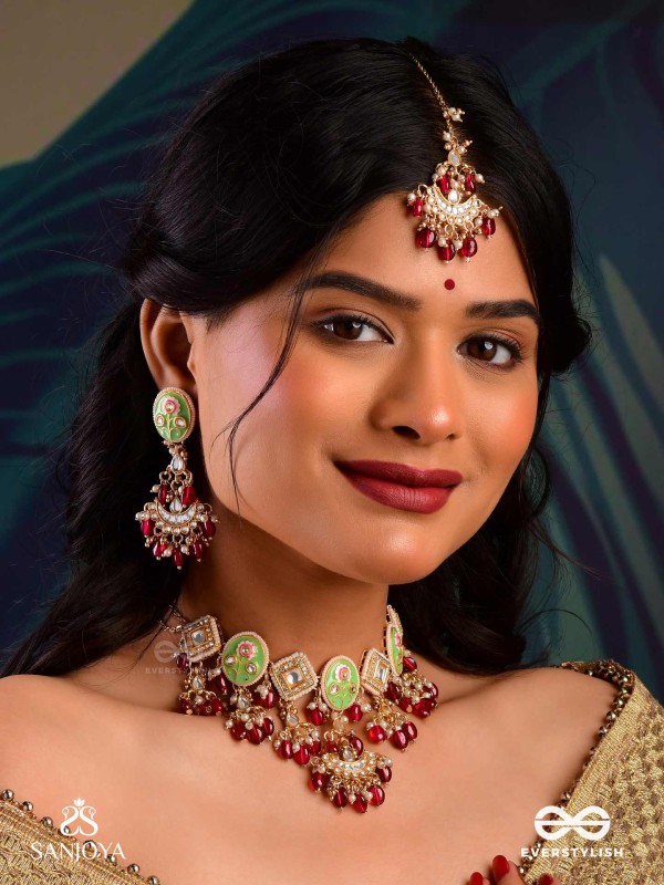 PUSHPALEKHA - STROKES OF FLOWERS - INTRICATE FLORAL ENAMELLED KUNDAN MAANGTIKA WITH RUBY BEADS