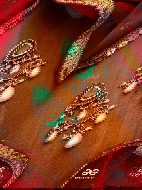 RATNODYA - RISING GEM - DAZZLING KUNDAN EARRINGS WITH PEARLS AND ROYAL GREEN AND GOLD ACCENTS