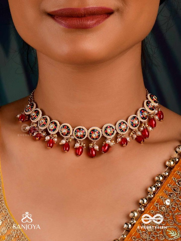 RUDRARAGA - MELODY OF RED - INTRICATE KUNDAN CHOKER WITH RUBY BEADS AND GOLDEN DETAILS