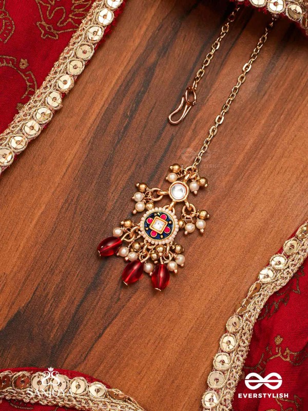 RUDRARAGA - MELODY OF RED - INTRICATE KUNDAN MAANGTIKA WITH RUBY BEADS AND GOLDEN DETAILS