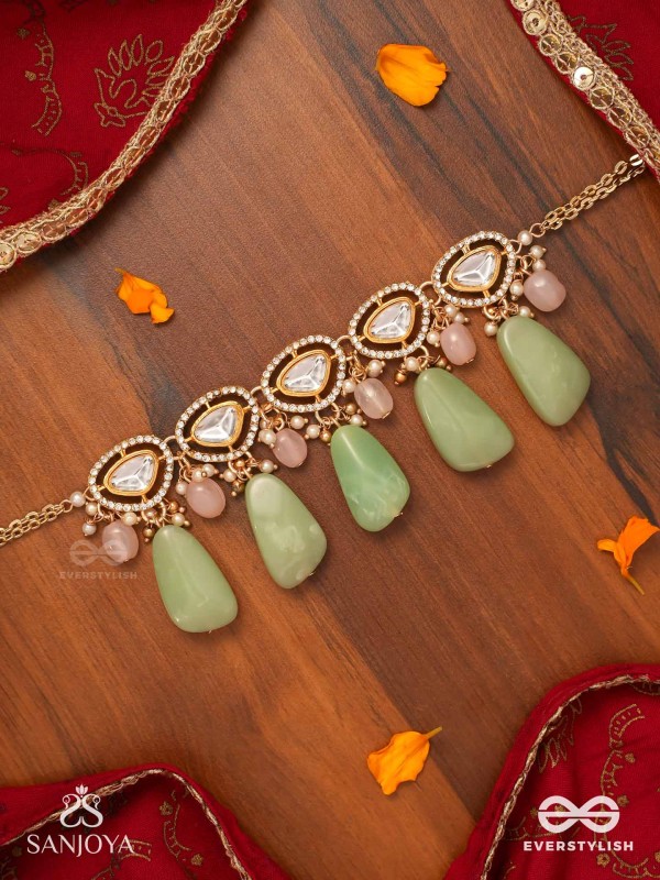 SHITALA - COOLING GRACE - CLASSIC GREEN KUNDAN POLKI CHOKER WITH GOLDEN DETAILS AND SOFT GEM ACCENTS