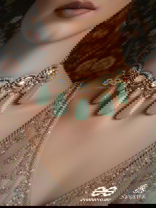 SHITALA - COOLING GRACE - CLASSIC GREEN KUNDAN POLKI CHOKER WITH GOLDEN DETAILS AND SOFT GEM ACCENTS