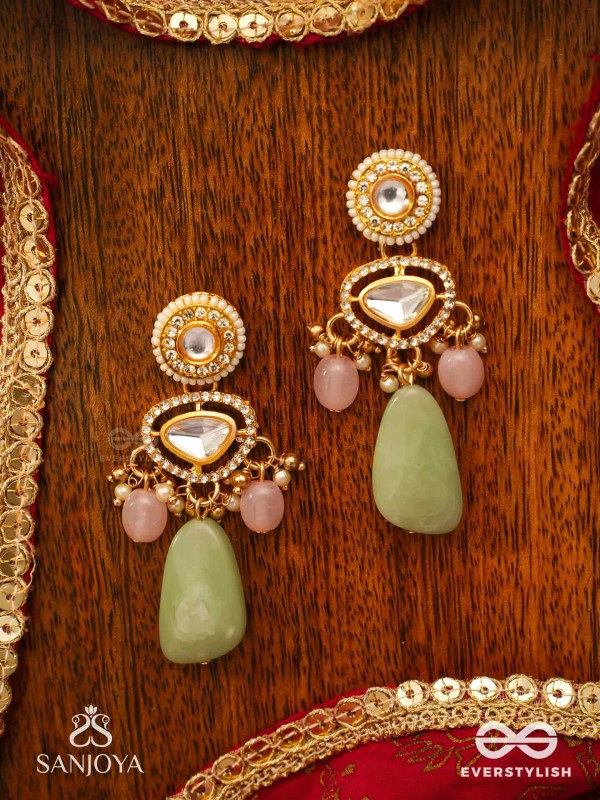 SHITALA - COOLING GRACE - CLASSIC GREEN KUNDAN POLKI EARRINGS WITH GOLDEN DETAILS AND SOFT GEM ACCENTS