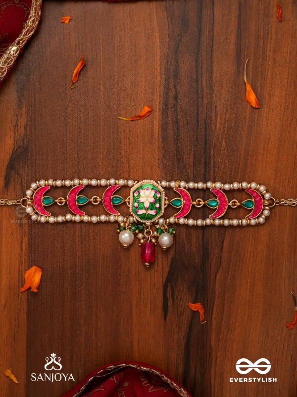INDULEKHA - MOON'S BEAUTY - EXQUISITE CRESCENT-MOTIF KUNDAN CHOKER WITH ENAMEL DETAILS AND PEARL DROPS