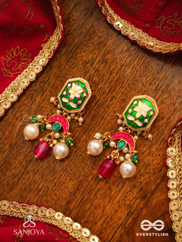 INDULEKHA - MOON'S BEAUTY - EXQUISITE CRESCENT-MOTIF KUNDAN EARRINGS WITH ENAMEL DETAILS AND PEARL DROPS