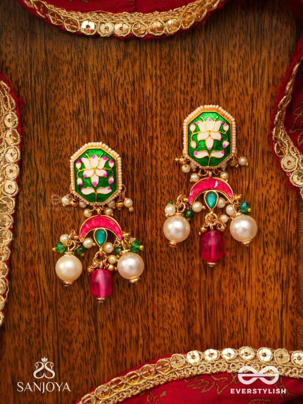 INDULEKHA - MOON'S BEAUTY - EXQUISITE CRESCENT-MOTIF KUNDAN EARRINGS WITH ENAMEL DETAILS AND PEARL DROPS