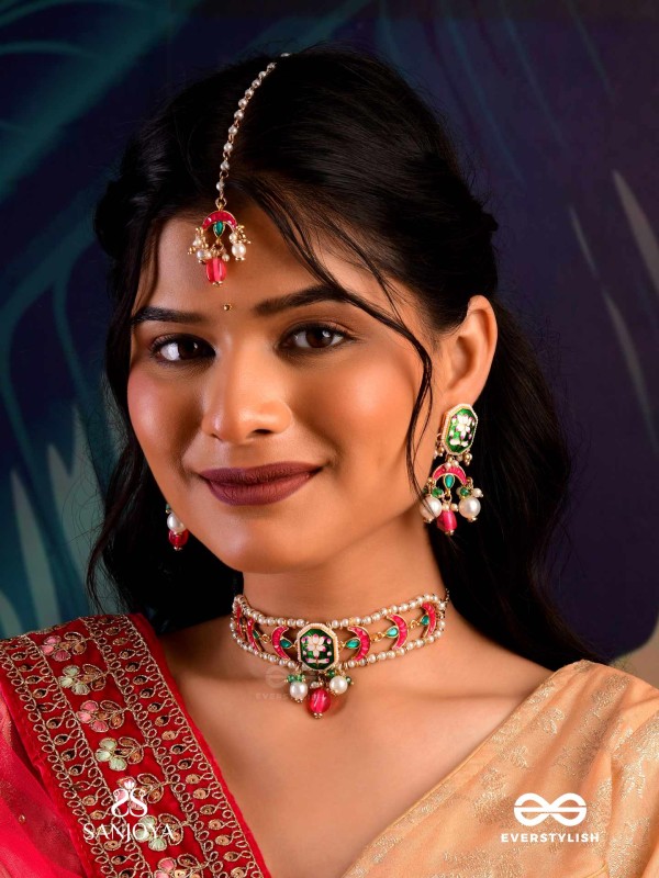 INDULEKHA - MOON'S BEAUTY - EXQUISITE CRESCENT-MOTIF KUNDAN MAANGTIKA WITH ENAMEL DETAILS AND PEARL DROPS