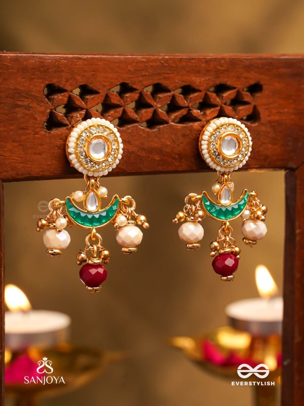 INDURAGA - MELODY OF THE MOON - ROYAL KUNDAN EARRINGS WITH CRESCENT MOTIFS AND RUBY DROPS