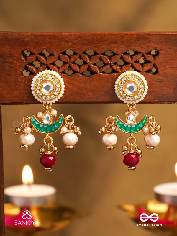 INDURAGA - MELODY OF THE MOON - ROYAL KUNDAN EARRINGS WITH CRESCENT MOTIFS AND RUBY DROPS