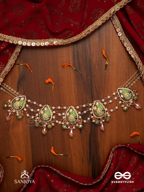 MADHURIMA - SWEET ELEGANCE - HANDCRAFTED HERITAGE KUNDAN CHOKER WITH GOLDEN POLKI AND GEM DROPS
