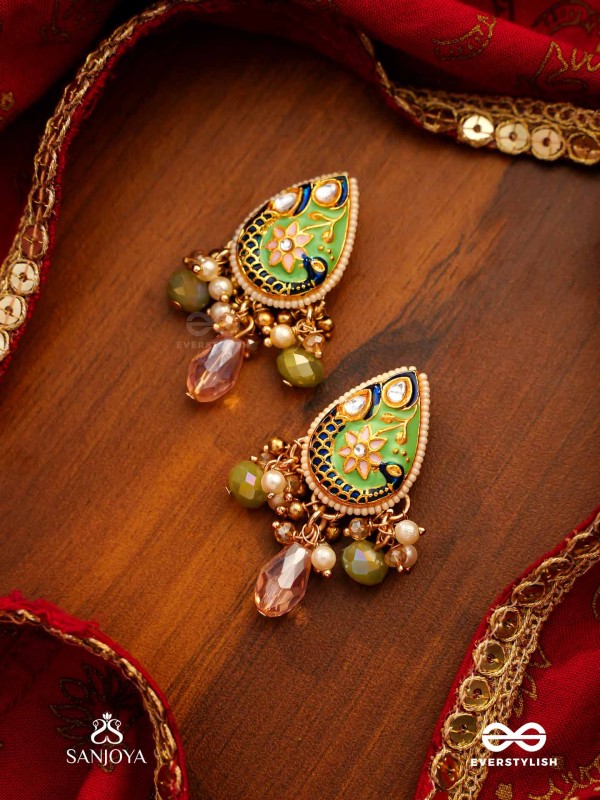 MADHURIMA - SWEET ELEGANCE - HANDCRAFTED HERITAGE KUNDAN EARRINGS WITH GOLDEN POLKI AND GEM DROPS