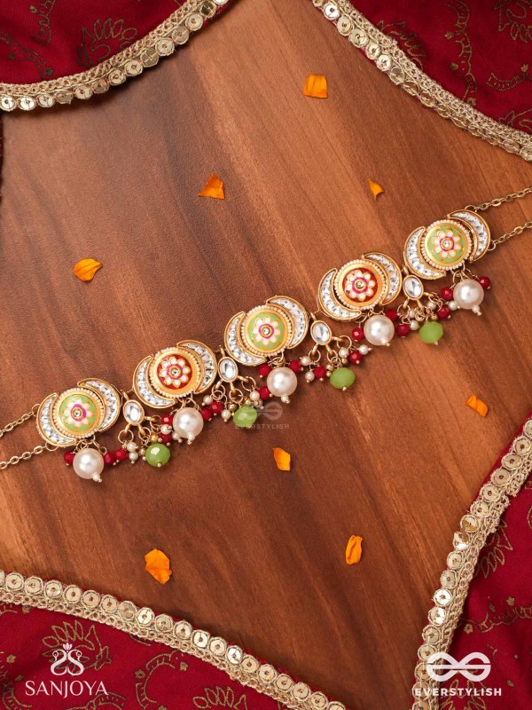 SUVARNACHANDRA - GOLDEN MOON - ROYAL KUNDAN CHOKER WITH ORNATE CRESCENT DESIGNS AND GEM EMBELLISHMENTS