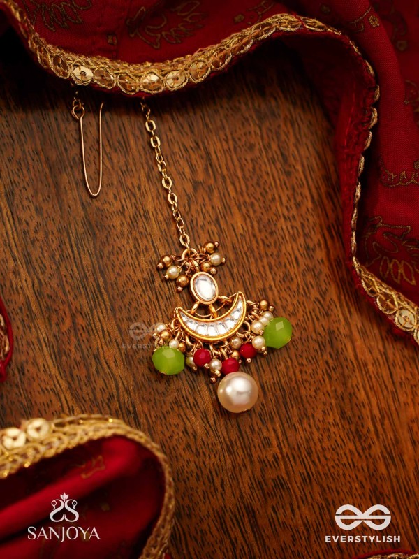 SUVARNACHANDRA - GOLDEN MOON - ROYAL KUNDAN MAANGTIKA WITH ORNATE CRESCENT DESIGNS AND GEM EMBELLISHMENTS