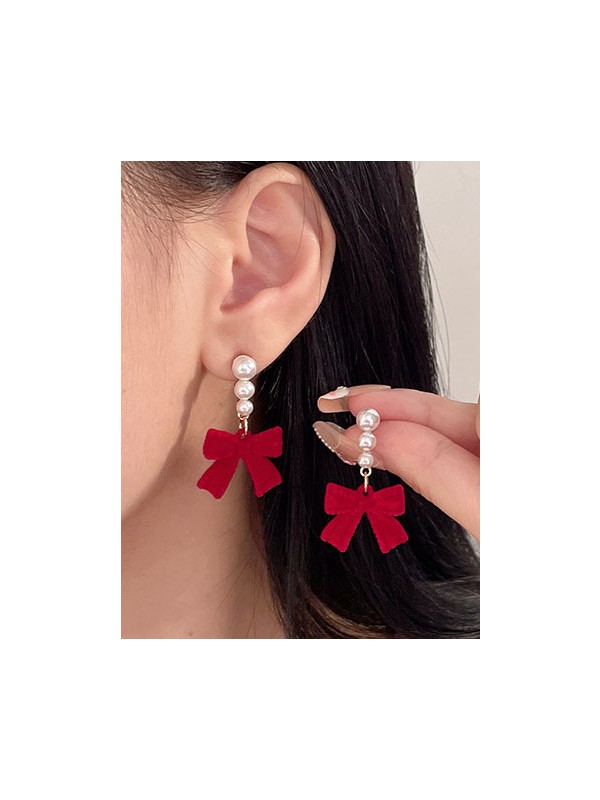 RUBY GRACE - TIMELESS RED BOW & PEARL EARRINGS