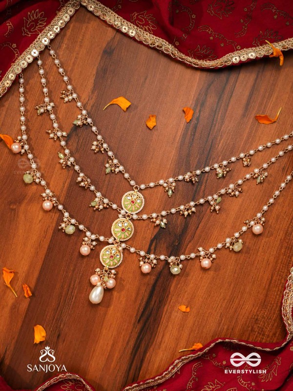 TANVIKA - DELICATE BEAUTY- DELICATE ENAMELLED MULTI-CHAIN NECKPIECE WITH PEARLS AND BEADS