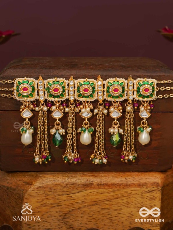 RANIRAGA - QUEEN’S MELODY- EXQUISITE KUNDAN NECKPIECE WITH FLORAL ENAMEL WORK, BEADS AND PEARLS