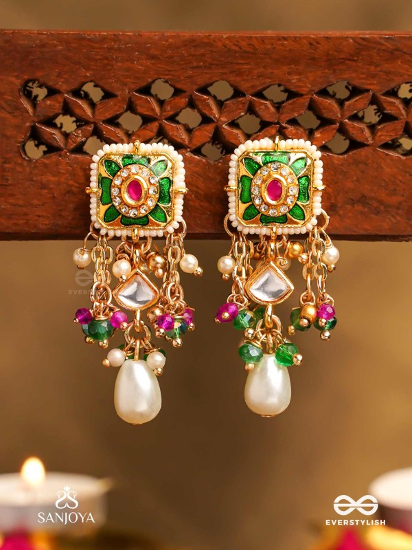 RANIRAGA - QUEEN’S MELODY- EXQUISITE KUNDAN EARRINGS WITH FLORAL ENAMEL WORK, BEADS AND PEARLS