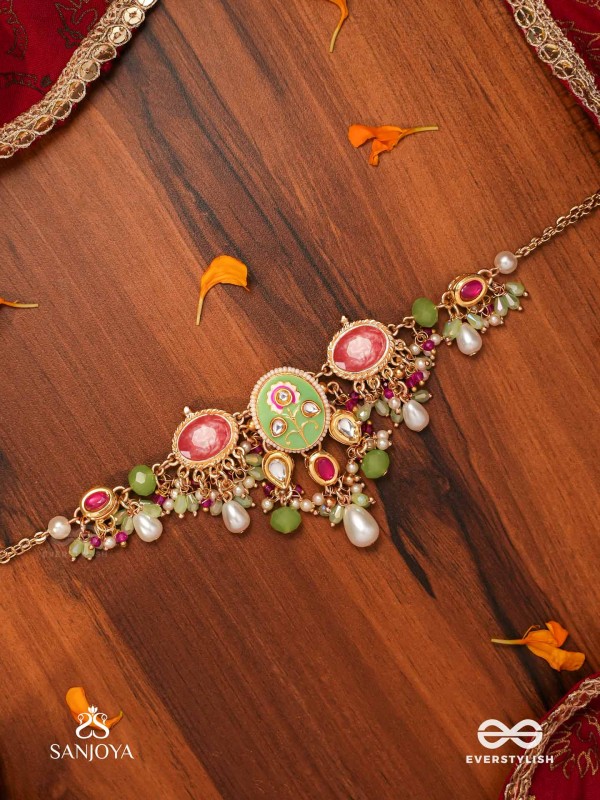 KARUNYA - GRACEFUL AURA- INTRICATE KUNDAN ENAMELLED NECKPIECE WITH PEARLS, BEADS AND GEMSTONES
