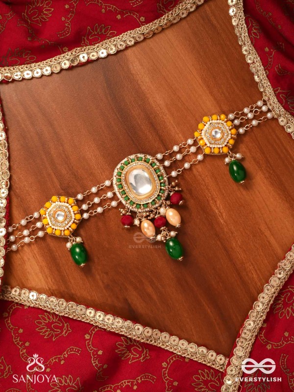 KANAKSHOBHA - GOLDEN GRACE- TRADITIONAL KUNDAN NECKPIECE WITH BEADS AND PEARLS