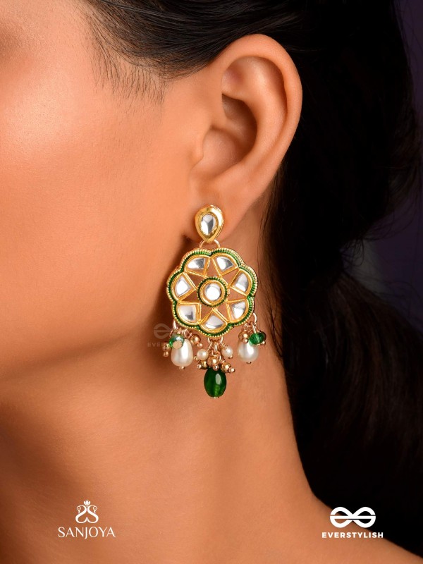TARALYA - GENTLE RADIANCE- MINIMAL KUNDAN EARRINGS WITH GREEN DROPS AND PEARLS