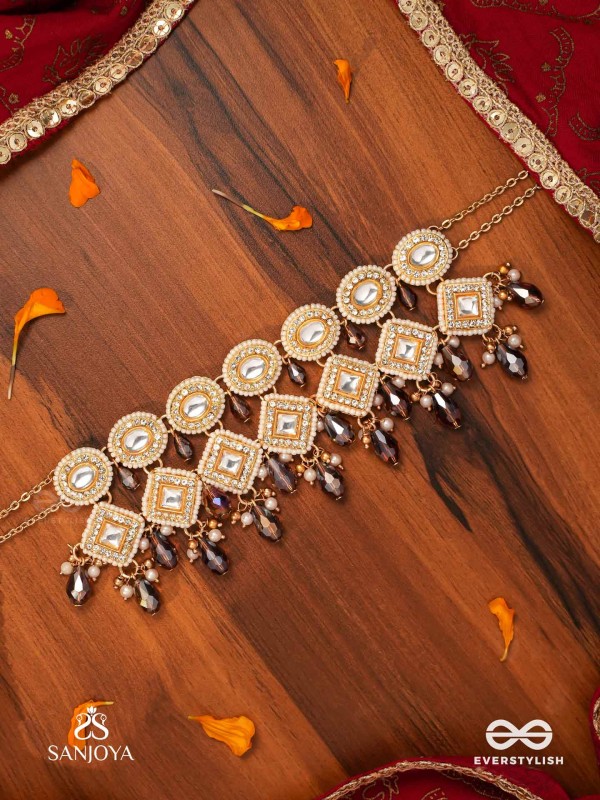 SHYAMALA - DUSKY QUEEN- GEOMETRIC POLKI NECKLACE WITH RICH GLASS DROPS AND PEARLS