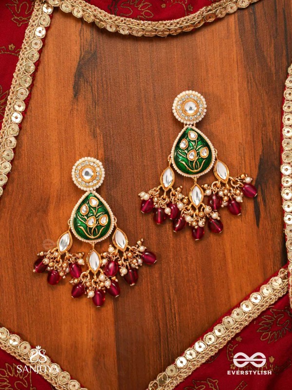 SINDURYA - SCARLET RAYS- GRAND CRESCENT ENAMEL KUNDAN EARRINGS WITH PEARLS AND BEADS