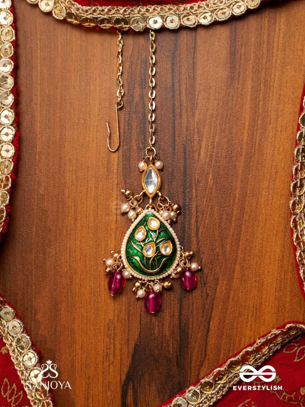 SINDURYA - SCARLET RAYS- GRAND CRESCENT ENAMEL KUNDAN MAANGTIKA WITH PEARLS AND BEADS