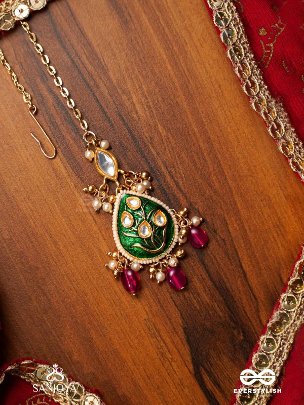 SINDURYA - SCARLET RAYS- GRAND CRESCENT ENAMEL KUNDAN MAANGTIKA WITH PEARLS AND BEADS