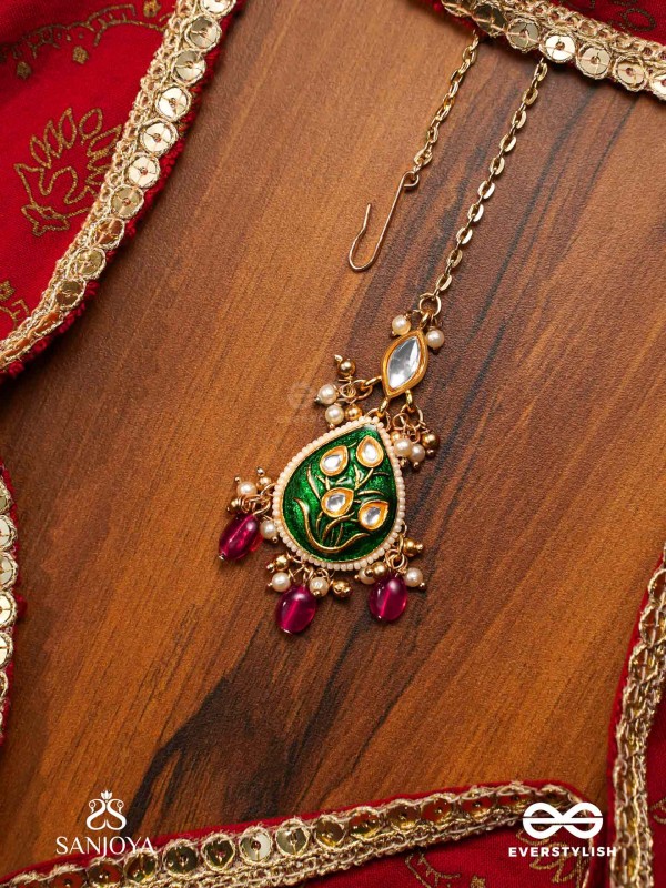 SINDURYA - SCARLET RAYS- GRAND CRESCENT ENAMEL KUNDAN MAANGTIKA WITH PEARLS AND BEADS