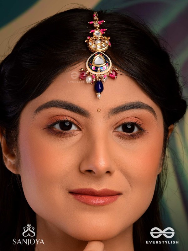 KUMUDRAAG - BLOOMING AT NIGHT-  INTRICATE ENAMELLED HANDCRAFTED KUNDAN MAANGTIKA WITH PEARLS AND BEADS