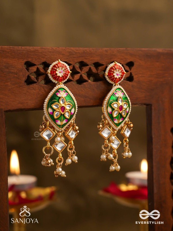 SHRINGARIKA - THE ADORNED ONE- ELEGANT PEARL EARRINGS WITH GREEN ENAMEL DROP, KUNDAN AND BEADS