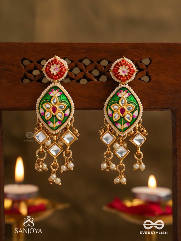 SHRINGARIKA - THE ADORNED ONE- ELEGANT PEARL EARRINGS WITH GREEN ENAMEL DROP, KUNDAN AND BEADS