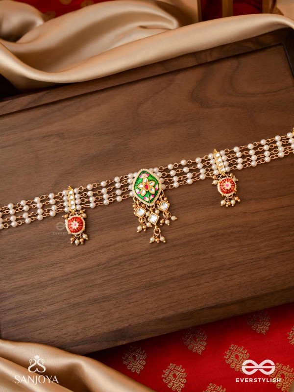 SHRINGARIKA - THE ADORNED ONE- ELEGANT PEARL NECKLACE WITH GREEN ENAMEL DROP, KUNDAN AND BEADS