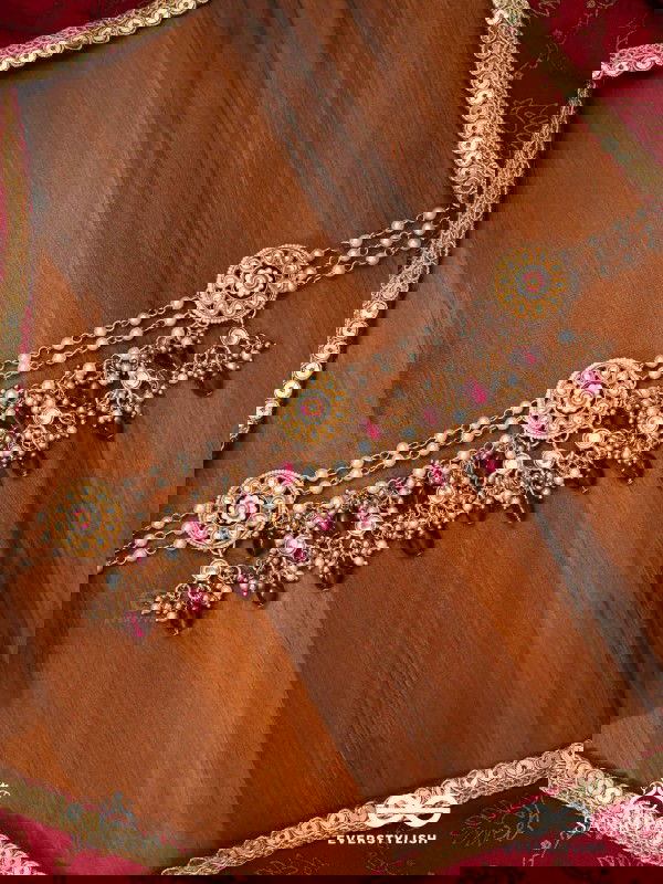 TRIBANDHURA - THREE-STRANDED BEAUTY- TRIPLE-CHAIN KUNDAN NECKPIECE WITH FLORAL ENAMELLED MEDALLIONS AND RUBY DROPS