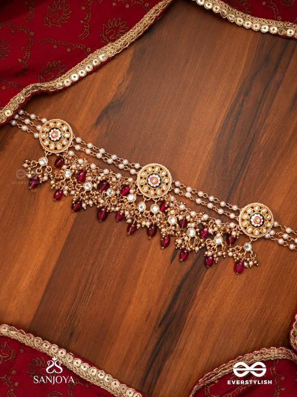 TRIBANDHURA - THREE-STRANDED BEAUTY- TRIPLE-CHAIN KUNDAN NECKPIECE WITH FLORAL ENAMELLED MEDALLIONS AND RUBY DROPS
