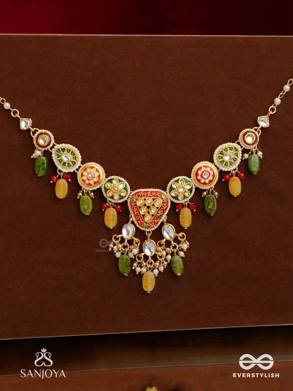 SATRANGIJA - RAINBOW-CLAD- FESTIVE ENAMELLED KUNDAN NECKLACE WITH COLORFUL DROPS AND PEARLS